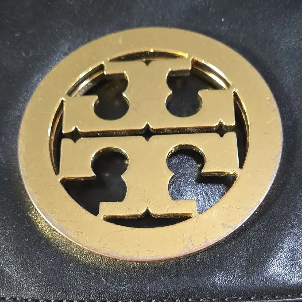 Tory Burch Black Leather Clutch with Gold Crossbody Chain - Picture 2 of 13